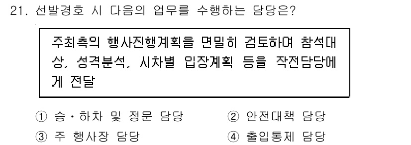 경비지도사_2차(경호학) 2015년 21번 - 정답 4번은 선발경호시 당당자의 역할에 대한 질문입니다. 주최측의 행사진... 에 관한 핵심 기출문제