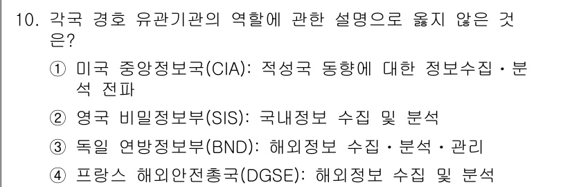 경비지도사_2차(경호학) 2016년 10번 - 경비지도사 2차 시험에서 각국의 경호 유관기관 역할에 대한 질문에서 정답... 에 관한 핵심 기출문제