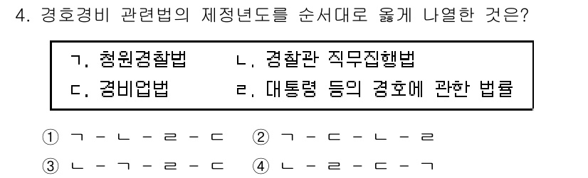경비지도사_2차(경호학) 2016년 4번 - 경호학에서 경비 관련 법령의 제정 순서는 경비업 종사자의 법적 지위와 직... 에 관한 핵심 기출문제