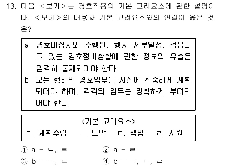 경비지도사_2차(경호학) 2018년 13번 - . 

경호작용의 기본 고려요소는 계획성과 보안성, 책임성, 자율성으로,... 에 관한 핵심 기출문제