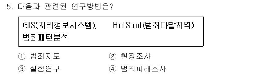 경비지도사_2차(범죄학) 2017년 5번 - . 

GIS와 HotSpot 분석은 범죄 패턴을 시각적으로 파악하고 특... 에 관한 핵심 기출문제