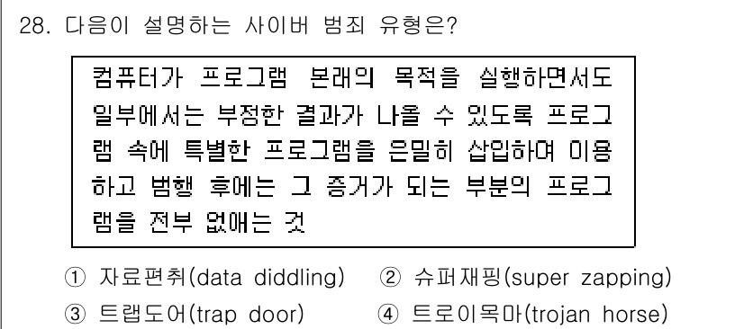 경비지도사_2차(범죄학) 2019년 28번 - 사이버 범죄 유형 중 '데이터 딜딩(data diddling)'은 프로그... 에 관한 핵심 기출문제