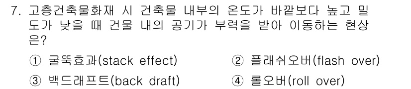 경비지도사_2차(소방학) 2015년 7번 - 정답은 1번, 글뚝효과(stack effect)입니다. 고층건축물에서 내... 에 관한 핵심 기출문제