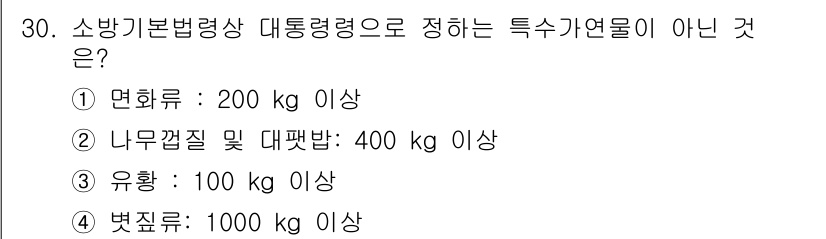 경비지도사_2차(소방학) 2016년 31번 - 소방기본법령상 대통령령으로 정하는 특수가연물의 기준에서 나무껍질 및 대펄... 에 관한 핵심 기출문제