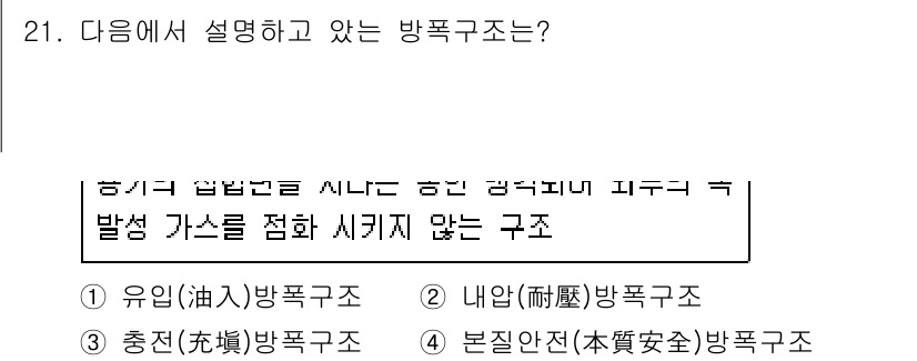 경비지도사_2차(소방학) 2018년 21번 - 정답은 2번 '내임(內任) 방폭구조'입니다. 내임 방폭구조는 내부에서 발... 에 관한 핵심 기출문제