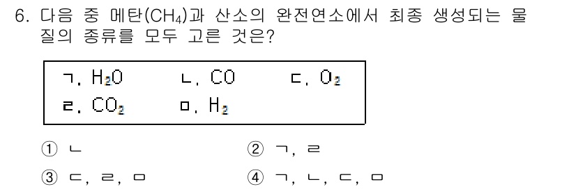 경비지도사_2차(소방학) 2019년 6번 - 메탄(CH₄)과 산소(O₂)의 연소 반응에서 생성되는 물질은 주로 물(H... 에 관한 핵심 기출문제