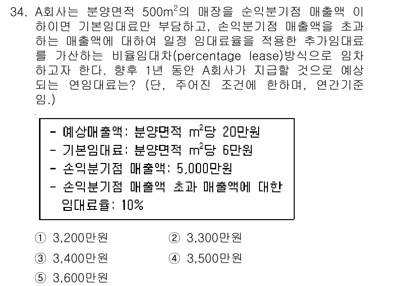 공인중개사_1차 2019년 34번 - 이 경우, 매출액을 기준으로 손익계산서를 작성하게 되며, 기본임대료와 추... 에 관한 핵심 기출문제