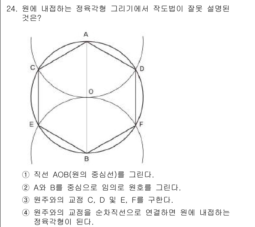 시각디자인기사 2016년 24번 - . 

이유: 원의 중심 O와 점 B를 연결하여 원주를 그리는 것은 잘못... 에 관한 핵심 기출문제