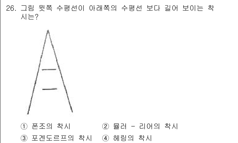 시각디자인기사 2017년 26번 - . 폰조의 착시  
폰조의 착시는 수평선과 수직선의 길이를 비교할 때 수... 에 관한 핵심 기출문제