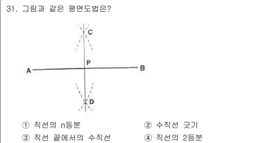 시각디자인기사 2017년 31번 - 정답 4번, '직선의 2등분'입니다. 그림에서 교차하는 두 선 AB와 C... 에 관한 핵심 기출문제
