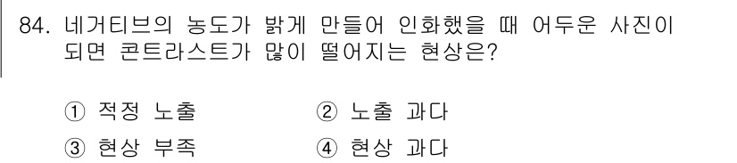 시각디자인기사 2017년 84번 - . 현상 부족. 

네거티브의 농도가 높을 때, 인화 과정에서 용지에 현... 에 관한 핵심 기출문제