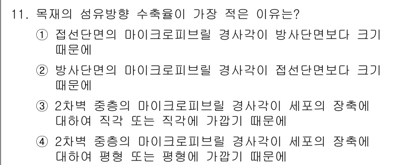 임산가공기사 2018년 11번 - 2차원 중종의 아이크로피릴 경사각이 세로의 장축에 대해 직각일 때 평행도... 에 관한 핵심 기출문제