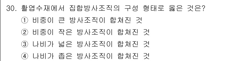 임산가공기사 2018년 30번 - 집합방사조직의 구성 형태는 비중이 작은 방사조직이 합쳐진 것이 가장 효율... 에 관한 핵심 기출문제