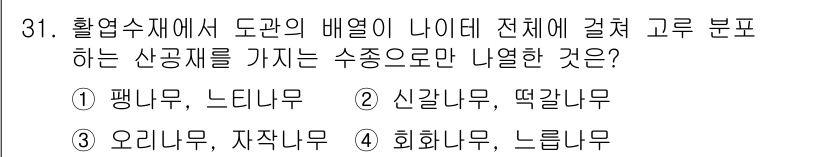 임산가공기사 2018년 31번 - 정답은 3번. 회화나무, 느티나무입니다. 이 두 나무는 수종 중에서도 고... 에 관한 핵심 기출문제