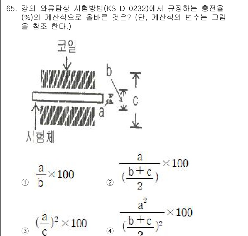 와전류비파괴검사기사(구) 2015년 65번 - 주어진 질문은 와전류 비파괴 검사에서 자성체의 전기적 저항과 관련된 계산... 에 관한 핵심 기출문제