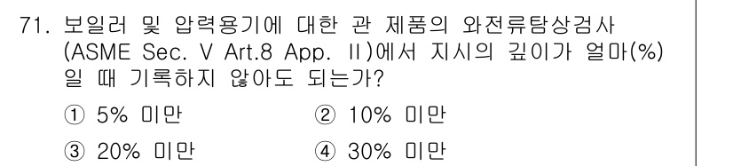 와전류비파괴검사기사(구) 2015년 71번 - 와전류 비파괴 검사에서 깊이에 따른 기록 요건은 ASME 규정에 명시되어... 에 관한 핵심 기출문제