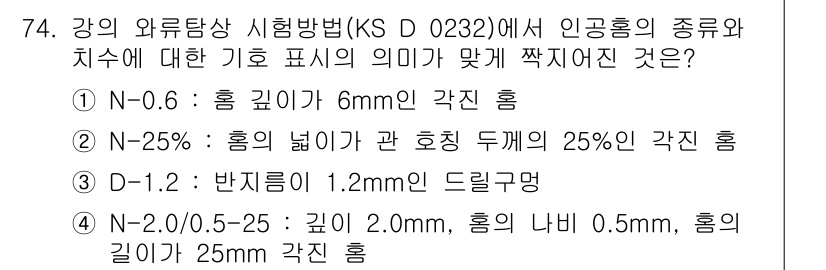 와전류비파괴검사기사(구) 2015년 74번 - N-0.6: 흡 깊이가 6mm인 각진 흡. N-25%: 흡 폭의 25%인... 에 관한 핵심 기출문제