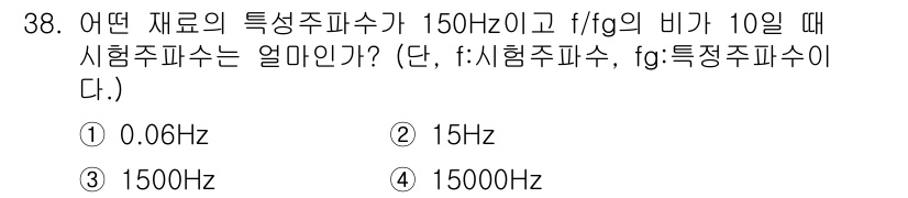 와전류비파괴검사기사(구) 2018년 38번 - 주어진 문제에서 특성주파수(fg)가 150Hz이고 시험주파수(f)는 10... 에 관한 핵심 기출문제