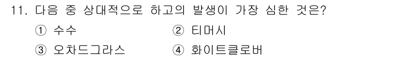 유기농업산업기사 2017년 11번 - 정답은 2번 티머시입니다. 티머시는 높은 영양가와 소화 효소를 제공하며,... 에 관한 핵심 기출문제