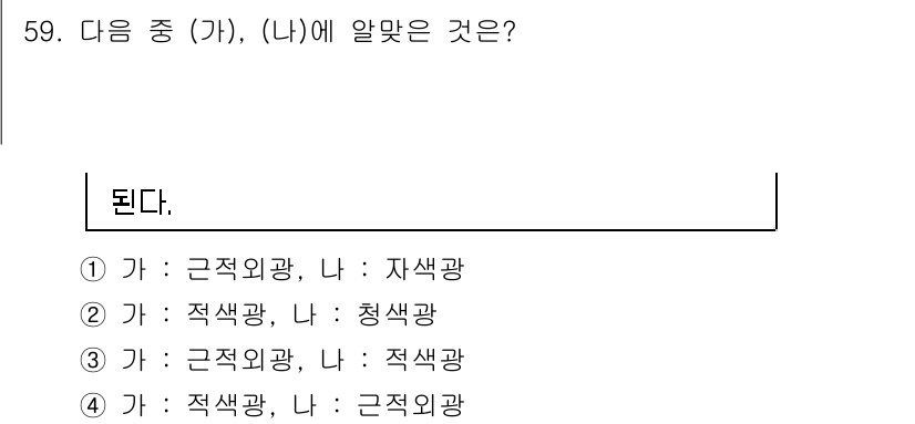유기농업산업기사 2017년 59번 - "가: 근적외광, 나: 적색광"은 광합성에서의 주요 역할과 관련이 있습니... 에 관한 핵심 기출문제