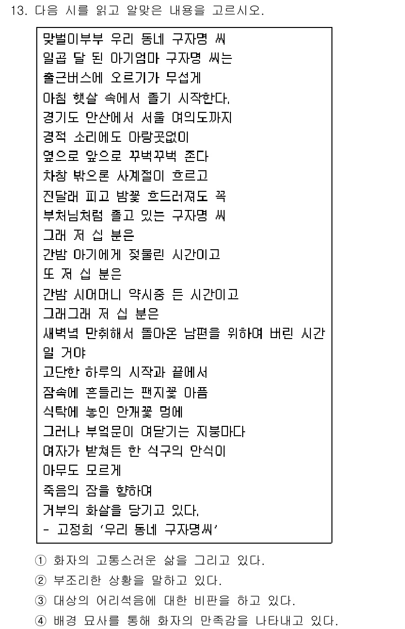 소방공무원(공개,경력)_국어(구) 2015년 13번 - 정답 2번은 글의 주제를 잘 반영하고 있습니다. 본문에서 '구자'가 지니... 에 관한 핵심 기출문제