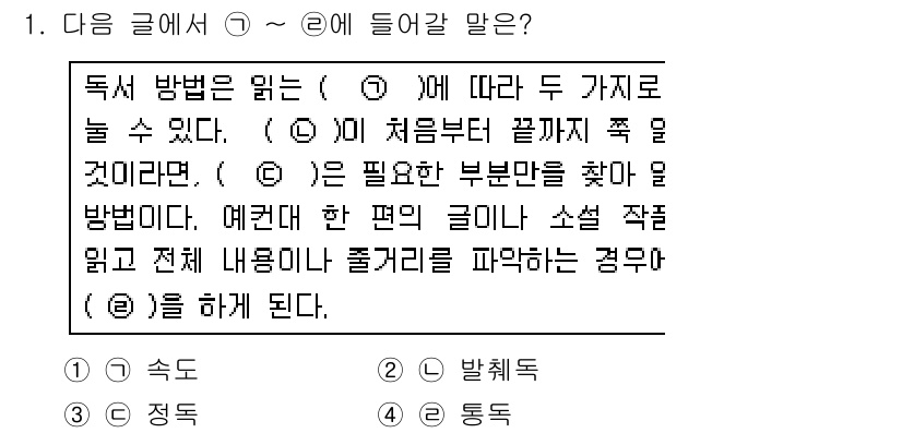 소방공무원(공개,경력)_국어(구) 2016년 1번 - . 동독

핵심 해설: 주어진 문장은 독서 방법에 대한 설명으로, 글의 ... 에 관한 핵심 기출문제