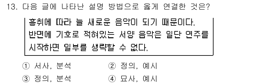 소방공무원(공개,경력)_국어(구) 2016년 13번 - 글의 주장은 '홍취에 따라 새로워지는 음악'에 대해 설명하며, 전개 방식... 에 관한 핵심 기출문제