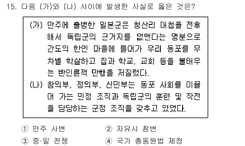 소방공무원(공개)_한국사(구) 2018년 15번 - . 

해설: (가)와 (나) 모두 일본의 강압적인 통치 아래에서 발생한... 에 관한 핵심 기출문제