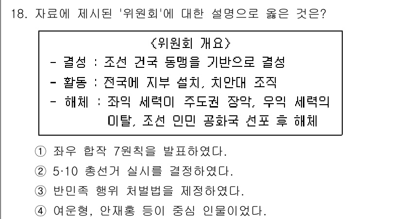 소방공무원(공개)_한국사(구) 2018년 18번 - 위원회 개요에서 설명하는 내용은 '결정', '활동', '해제'의 세 가지... 에 관한 핵심 기출문제