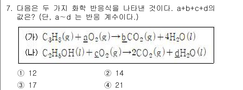 소방공무원(공개)_과학(구) 2018년 7번 - 주어진 반응식에서 반응물과 생성물의 원소의 수를 비교하면, 각 원소의 개... 에 관한 핵심 기출문제