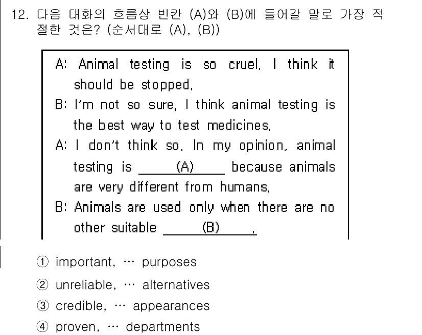 소방공무원(경력)_생활영어(구) 2019년 12번 - 정답 2의 이유는 "animal testing is the best wa... 에 관한 핵심 기출문제
