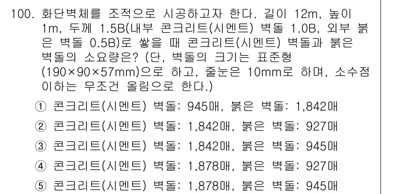 주택관리사보_1차 2019년 100번 - 주어진 조건에서 콘크리트(SI멘트) 벽체의 단면적과 높이를 고려할 때, ... 에 관한 핵심 기출문제