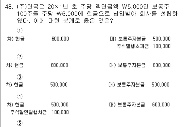 주택관리사보_1차 2019년 48번 - 해당 문제의 정답은 (가) 보통주자본금 600,000입니다. 주식 발행에... 에 관한 핵심 기출문제