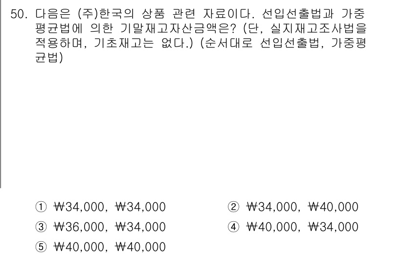 주택관리사보_1차 2019년 50번 - . 기말재고자산액은 재고자산의 원가로 평가되며, 선입선출법을 적용할 경우... 에 관한 핵심 기출문제