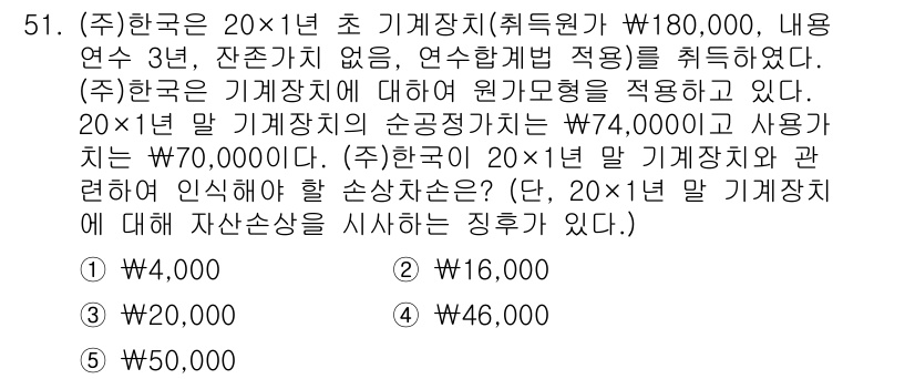 주택관리사보_1차 2019년 51번 - 주어진 조건에 따라 원가와 사용량을 고려할 때, 20×1년 말 기계장치의... 에 관한 핵심 기출문제