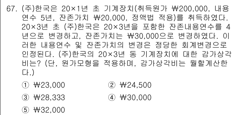 주택관리사보_1차 2019년 67번 - 주택관리사보 1차 문제에서 20×1년 초 기계장치의 내용연수 변경으로 인... 에 관한 핵심 기출문제
