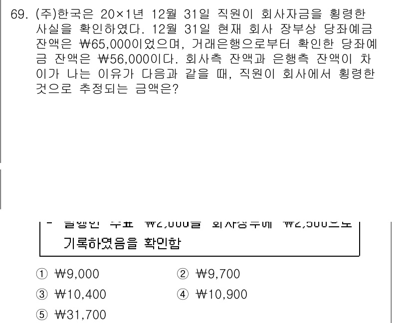주택관리사보_1차 2019년 69번 - 회사 장부에 기록된 잔액은 65,000원이지만, 거래상대방의 확인된 잔액... 에 관한 핵심 기출문제