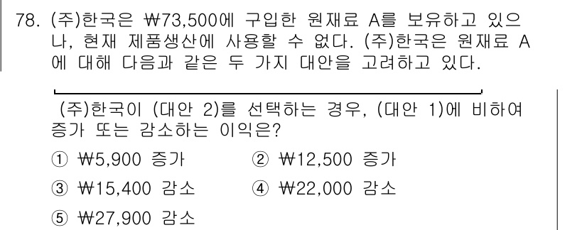 주택관리사보_1차 2019년 78번 - 원자재 A의 현재 가격이 W$73,500에서 W$5,900 증가하면, 총... 에 관한 핵심 기출문제