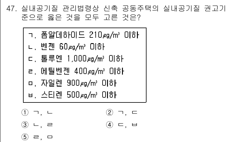 주택관리사보_2차 2019년 47번 - 문제에서 요구하는 실내공기질 기준을 확인하면, 객관적으로 검토한 결과 1... 에 관한 핵심 기출문제