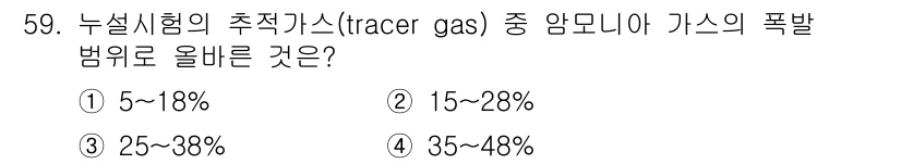 누설비파괴검사기사 2019년 59번 - 정답은 ② 15~28%입니다. 암모니아 가스의 폭발 범위는 15%에서 2... 에 관한 핵심 기출문제