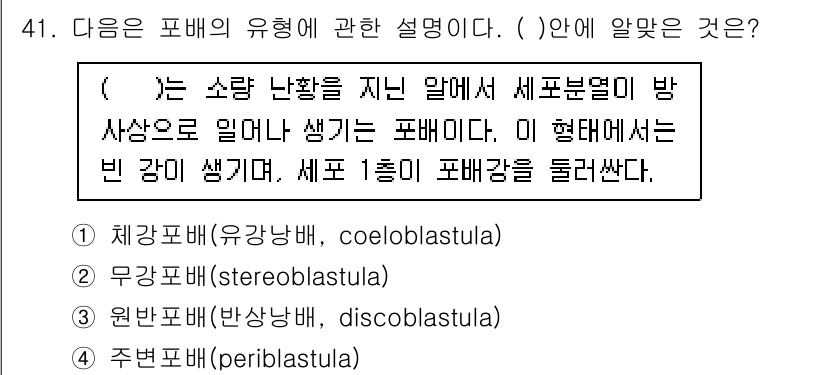 생물분류기사(동물) 2015년 41번 - 정답은 1번 '체강포배(coeloblastula)'입니다. 체강포배는 소... 에 관한 핵심 기출문제