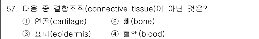 생물분류기사(동물) 2015년 57번 - 정답은 3번 표피(epidermis)입니다. 표피는 상피조직으로, 결합조... 에 관한 핵심 기출문제