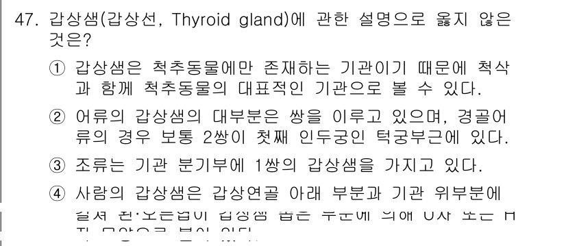 생물분류기사(동물) 2016년 47번 - 정답은 2번이다. 갑상선은 척추동물에만 존재하는 기관이기 때문에, 비척추... 에 관한 핵심 기출문제