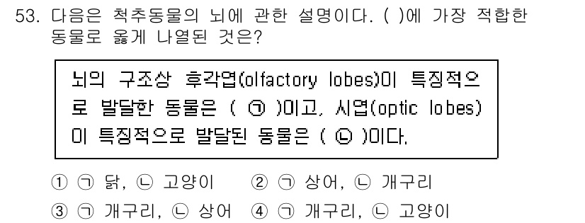 생물분류기사(동물) 2016년 53번 - 발달한 동물에서 후각과 시각의 역할이 중요해지며, 후각은 특히 포유류에서... 에 관한 핵심 기출문제