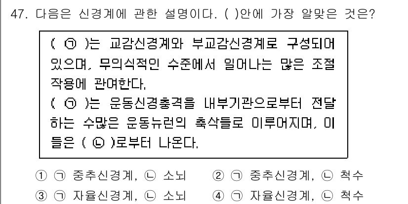 생물분류기사(동물) 2017년 47번 - 주어진 설명은 생물의 신경계를 구성하는 요소들에 대한 내용이다. 정답은 ... 에 관한 핵심 기출문제