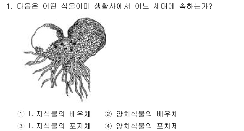 생물분류기사(식물) 2018년 1번 - . 

이 생물은 양치식물의 배유체를 나타내며, 생식기관이 없다. 양치식... 에 관한 핵심 기출문제