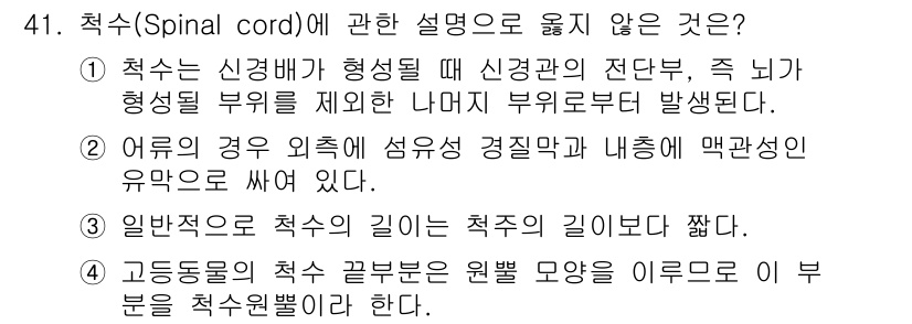 생물분류기사(식물) 2018년 41번 - 척수는 고동적인 기능을 담당하며, 척수 끝부분은 원뿔 모양으로 되어 있습... 에 관한 핵심 기출문제