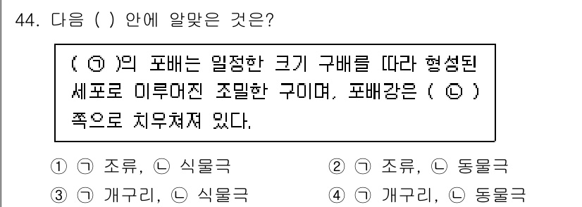생물분류기사(식물) 2018년 44번 - "( )"에 들어가는 말은 식물의 세포 구조를 설명하는 내용으로, 식물세... 에 관한 핵심 기출문제