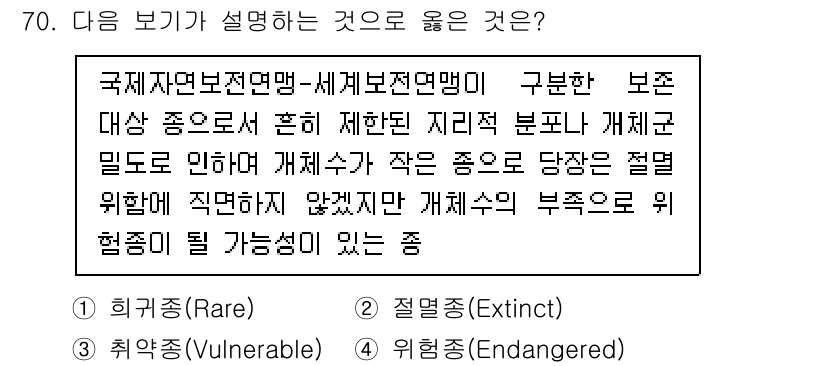 생물분류기사(식물) 2019년 70번 - "희귀종(Rare)"는 제한된 지역에만 존재하며, 개체 수가 적어 생존에... 에 관한 핵심 기출문제
