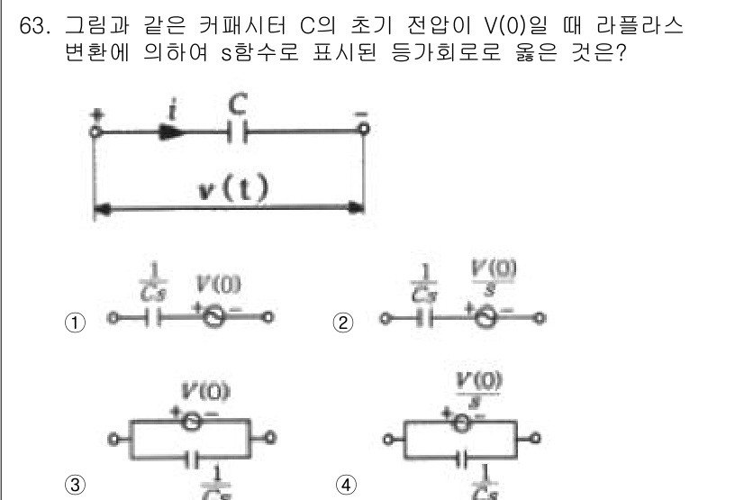 철도신호산업기사 2016년 63번 - 주어진 회로에서 커패시터 C의 초기 전압이 V(0)일 때, 라플라스 변환... 에 관한 핵심 기출문제
